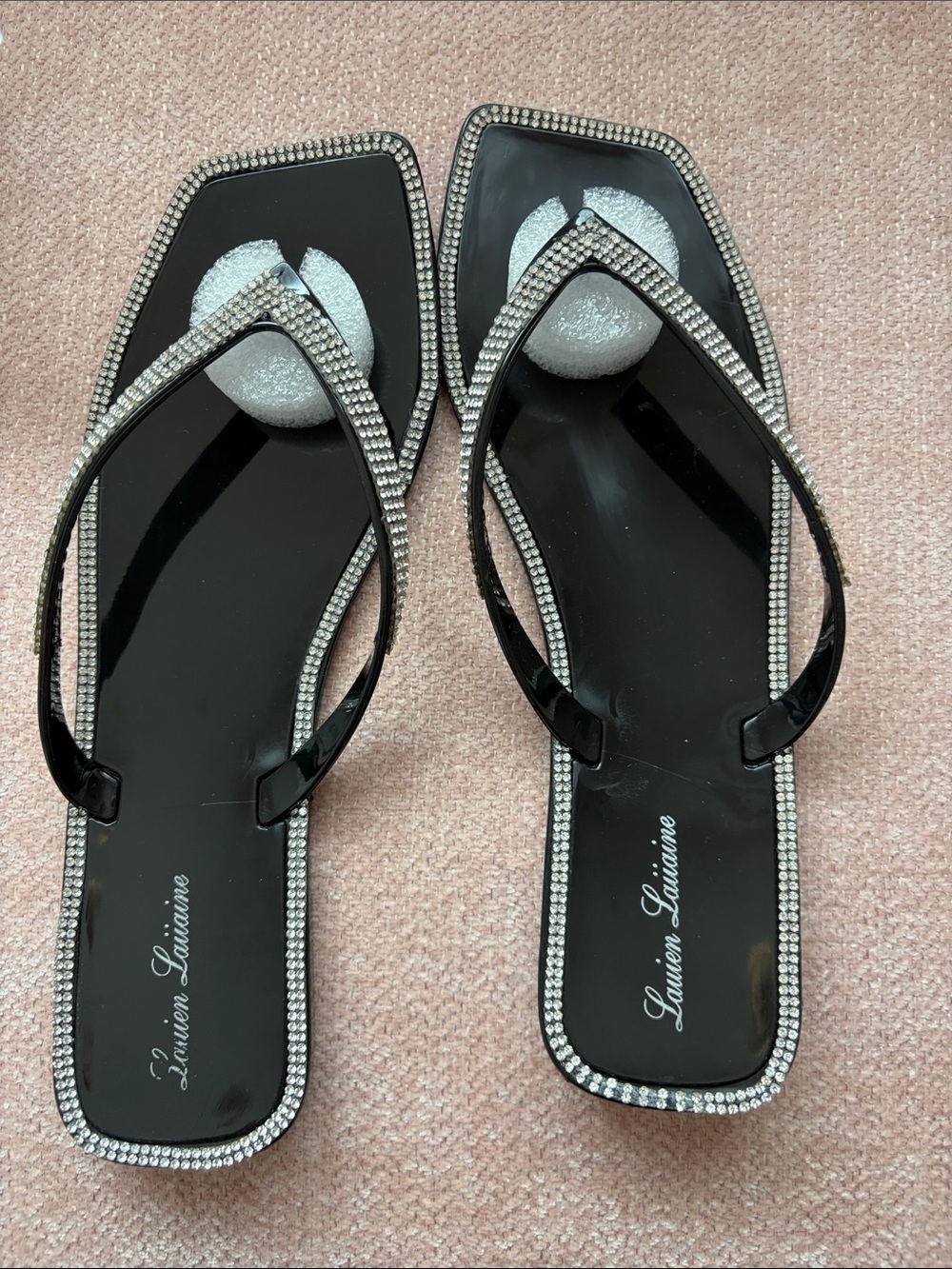 Lauren Lorraine Black Rhinestone-Trim Flip Flop Sandals